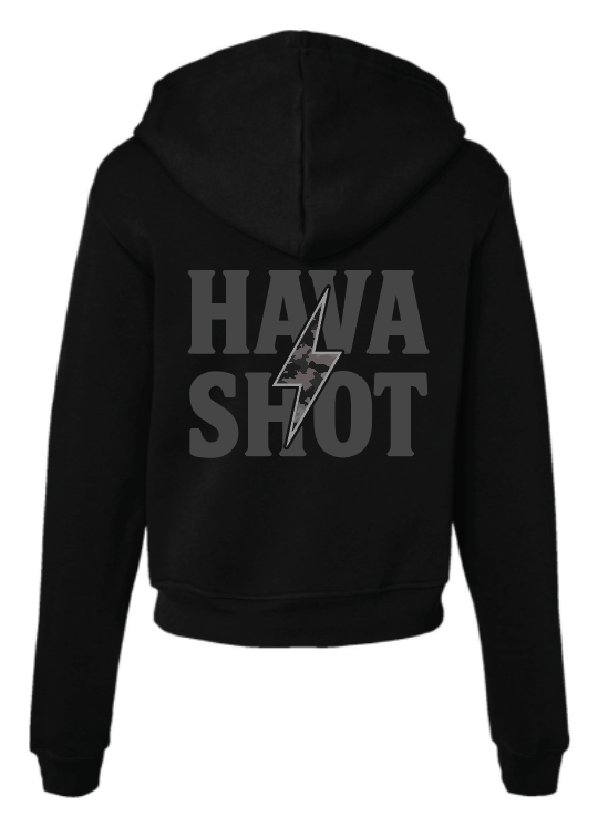 Hava Shot “Stealth Bolt” Hooded Crop – Black Camo Edition